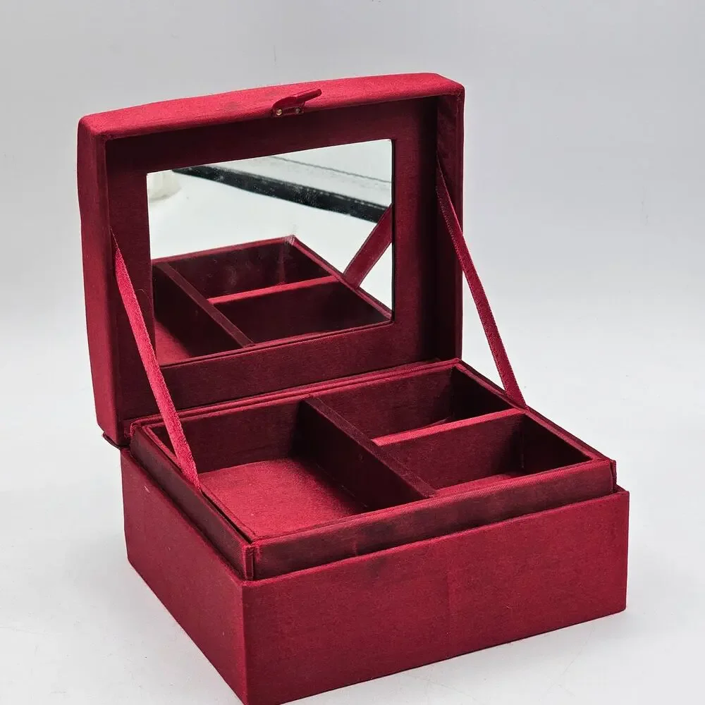 Red Satin Sequin Jewelry Box with Mirror Glam Vanity Organizer Boho Decor